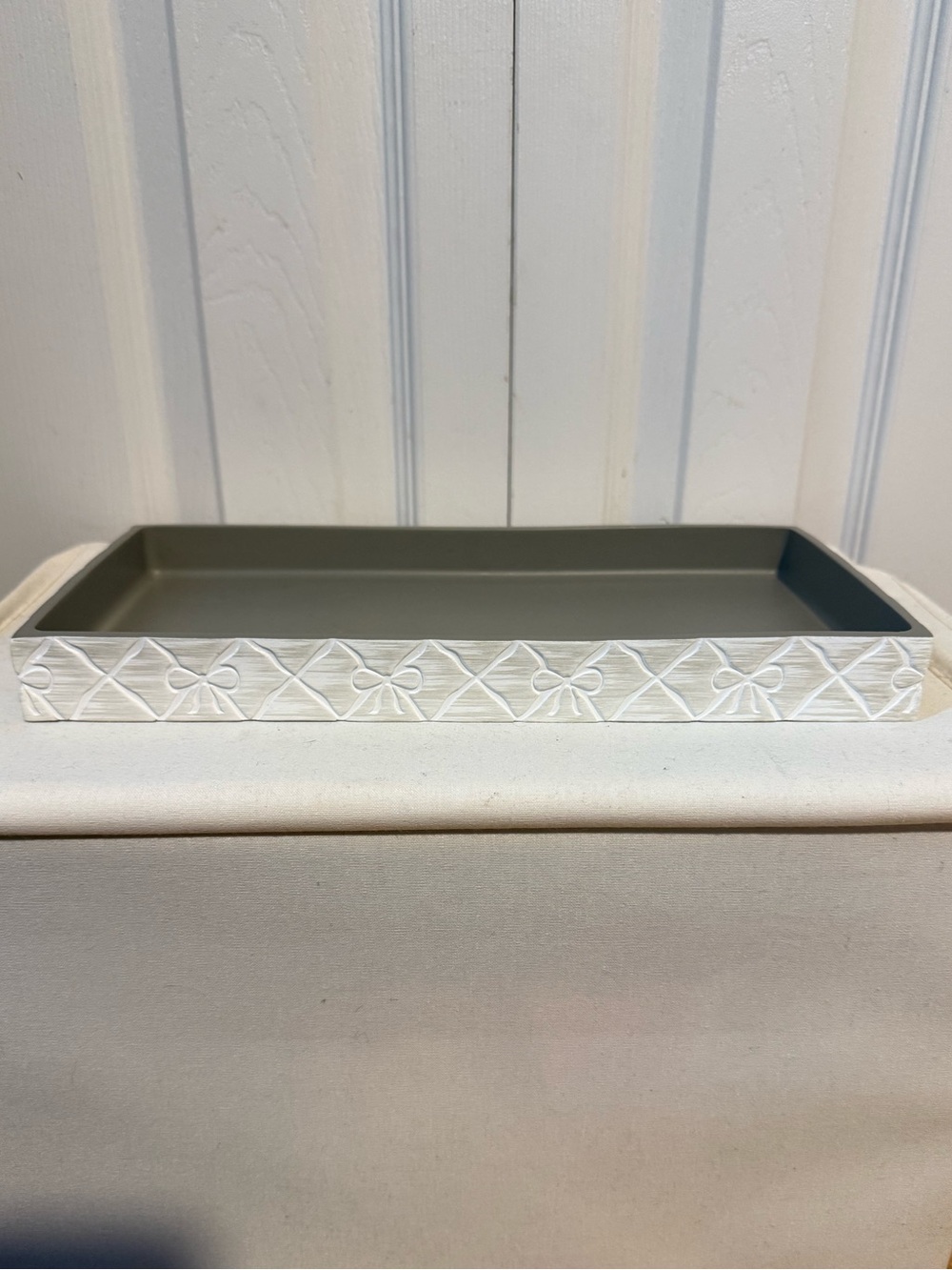 White and Gray Bow Accent Vanity Tray - Elegant Bathroom Organizer